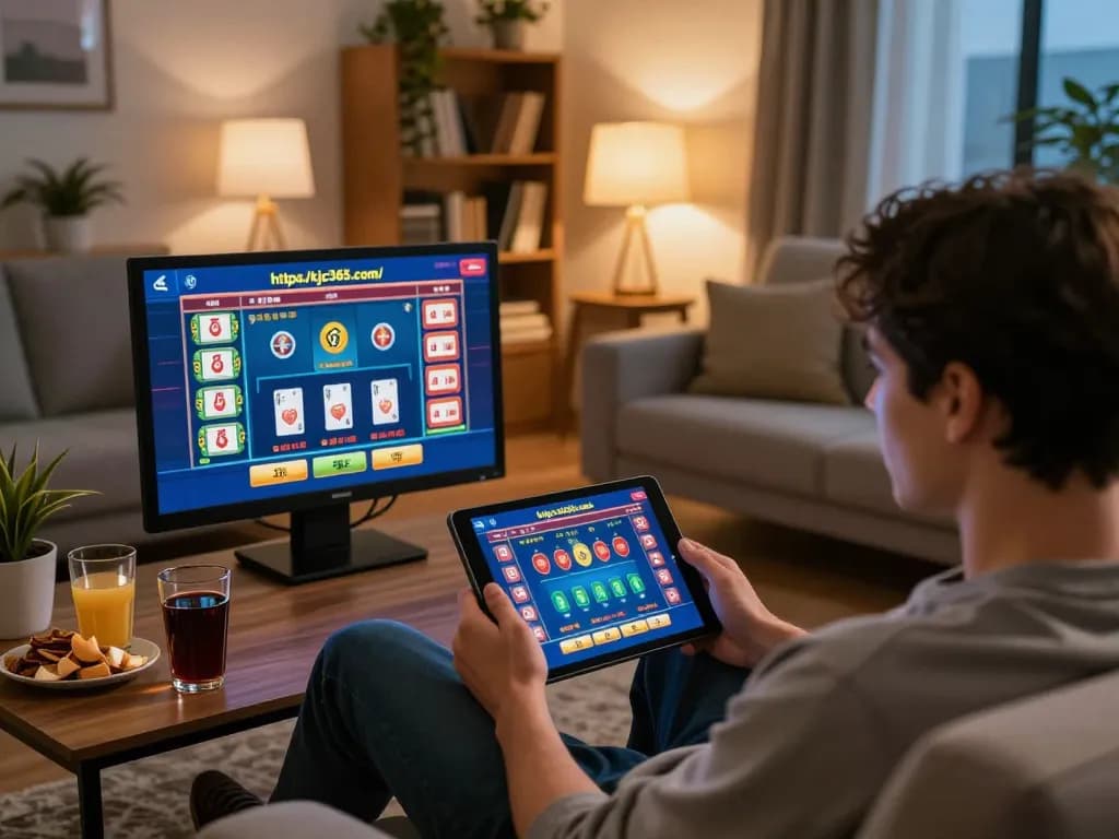 Play online casino games at https://kjc365.com/ on tablet, enjoying cozy home atmosphere and strategic gameplay.