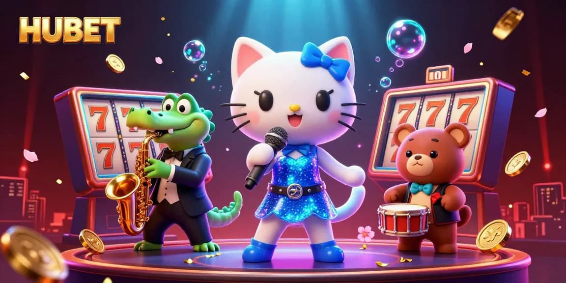 HUBET showcases lively casino entertainment with a jazz-singer cat, a saxophone crocodile, and a drum-playing bear amidst dynamic game elements.