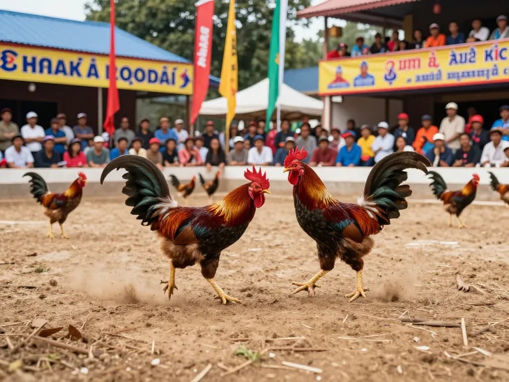 Live action of Đá gà thomo featuring intense chicken fight, showcasing roosters in competition.