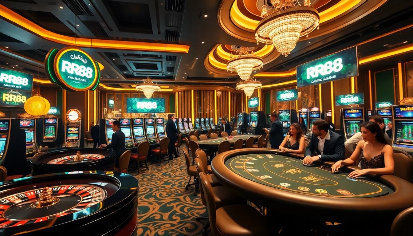 Experience the excitement of RR88 casino with vibrant games and players enjoying their winnings.
