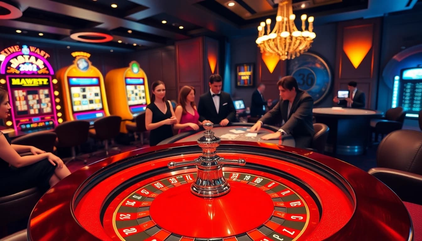 Players enjoying an exciting round at f8beta2.support's lavish casino, featuring a roulette table and vibrant slot machines.