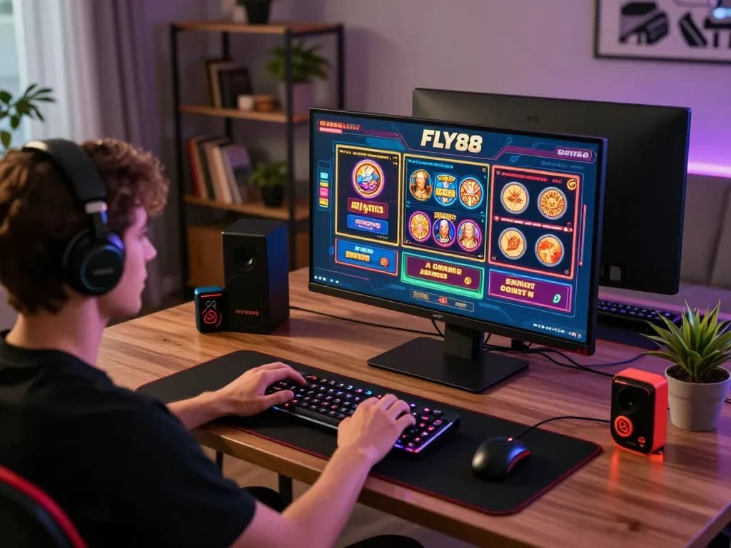 Engaging in online gaming with FLY88 on a stylish desk setup, highlighting an immersive gambling atmosphere.