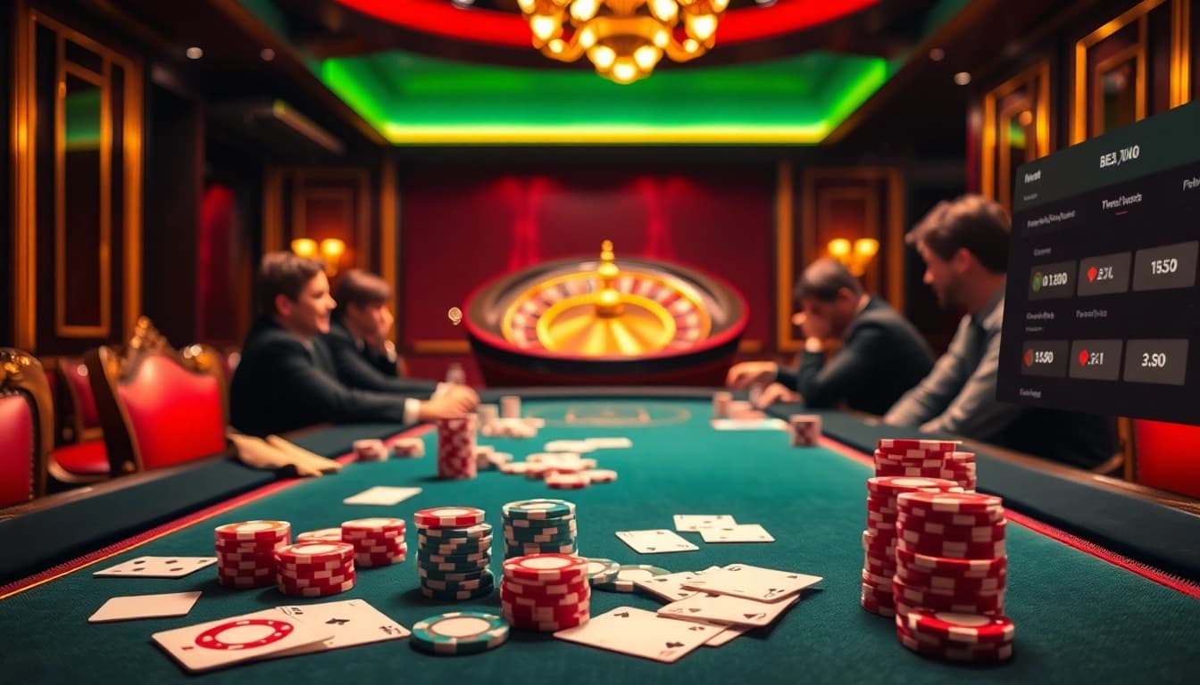 High-stakes poker scene at https://urr88.com/ featuring vibrant casino decor and excited players.