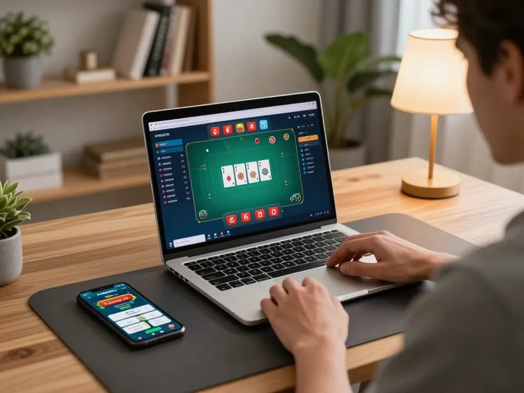 MM88 player engaging in an online poker game with a laptop and mobile app in a cozy home office.