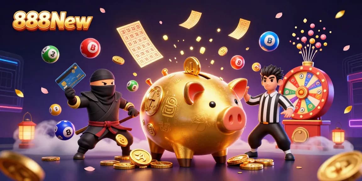 Engage with 888New's thrilling gaming experience amidst dynamic lottery visuals and golden excitement.