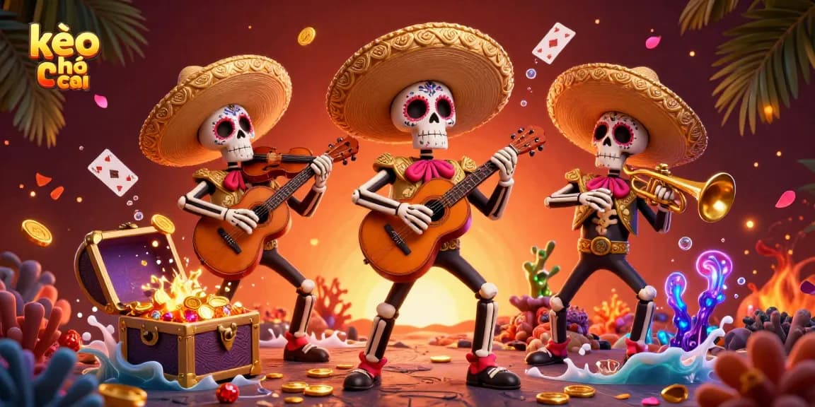 Kèo nhà cái providing exciting betting insights with a vibrant mariachi scene; colorful, dynamic gambling illustration.