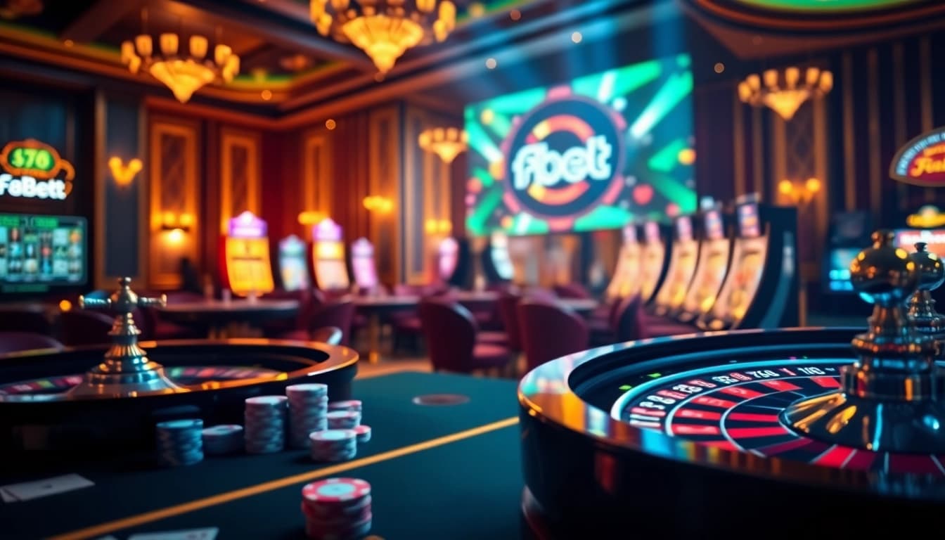 Exciting online casino atmosphere at f8bet.io with poker chips and roulette wheels.
