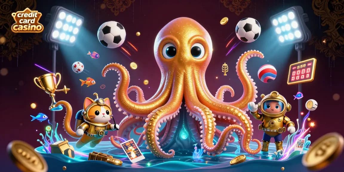 Engage with a thrilling credit card casino scene featuring a kraken, diving cat, and dynamic sports elements.