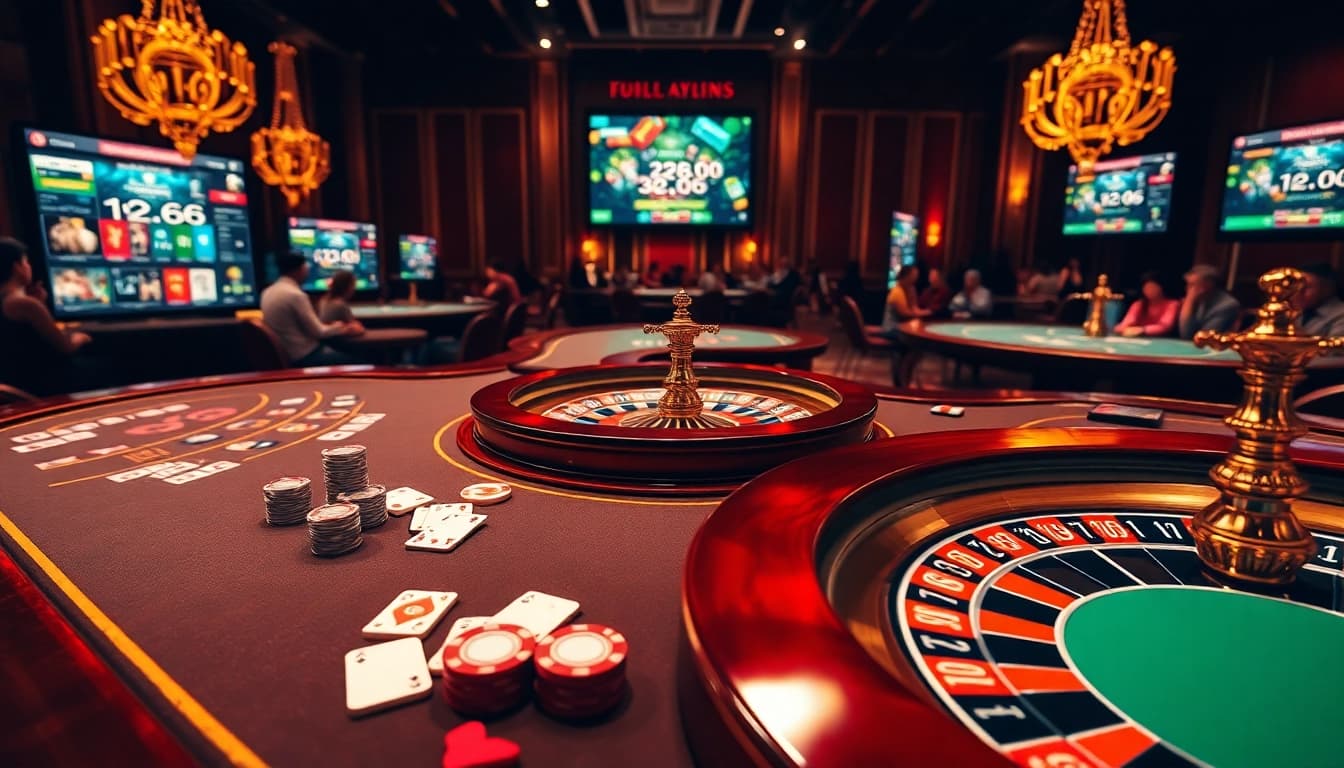 Experience the thrill of gambling at LC88 with vibrant casino tables, glowing chips, and engaging games.