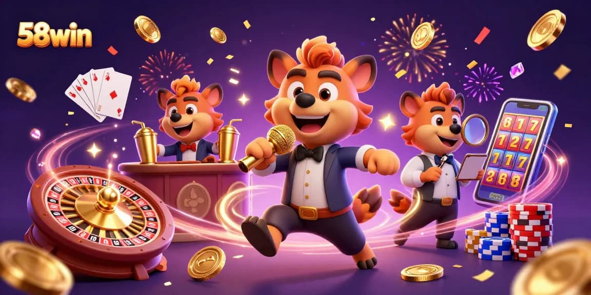 Experience the vibrant 58win casino atmosphere with hyenas in a comic scene packed with dynamic gambling elements.