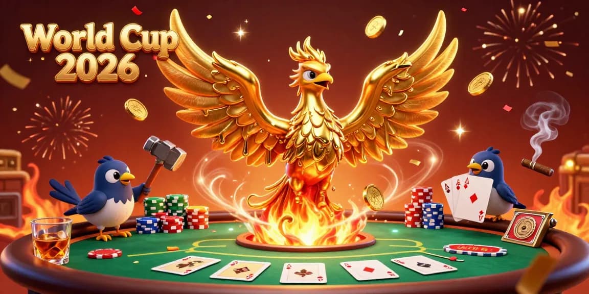 Engage with the exciting World Cup 2026 scene featuring a golden phoenix and poker elements.