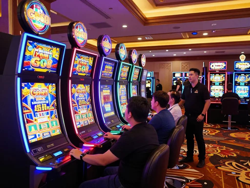 Players engaging with vibrant Go8 slot machines, embodying the thrill of casino gaming.