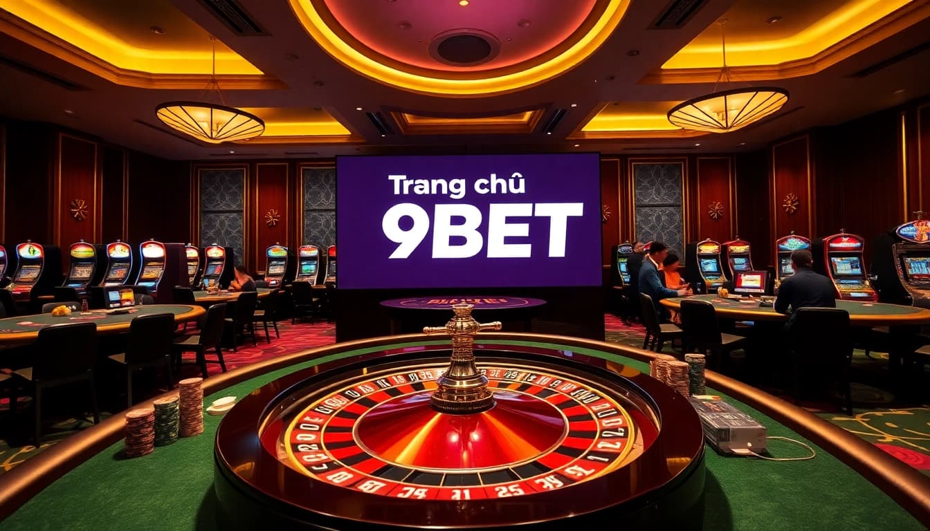 Experience the thrill of gambling at Trang chủ 9BET, showcasing a luxurious casino setting with engaging games and live players.