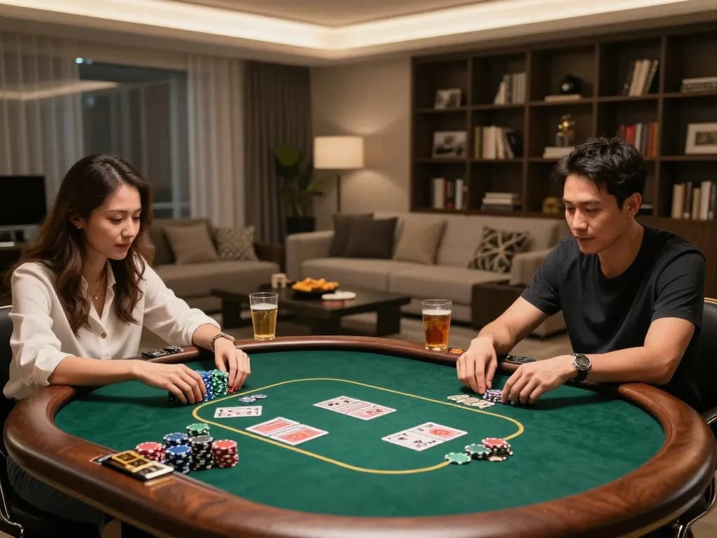 Exciting poker game at home with friends using https://go8.dad/ for online gambling strategies, featuring chips and cards.