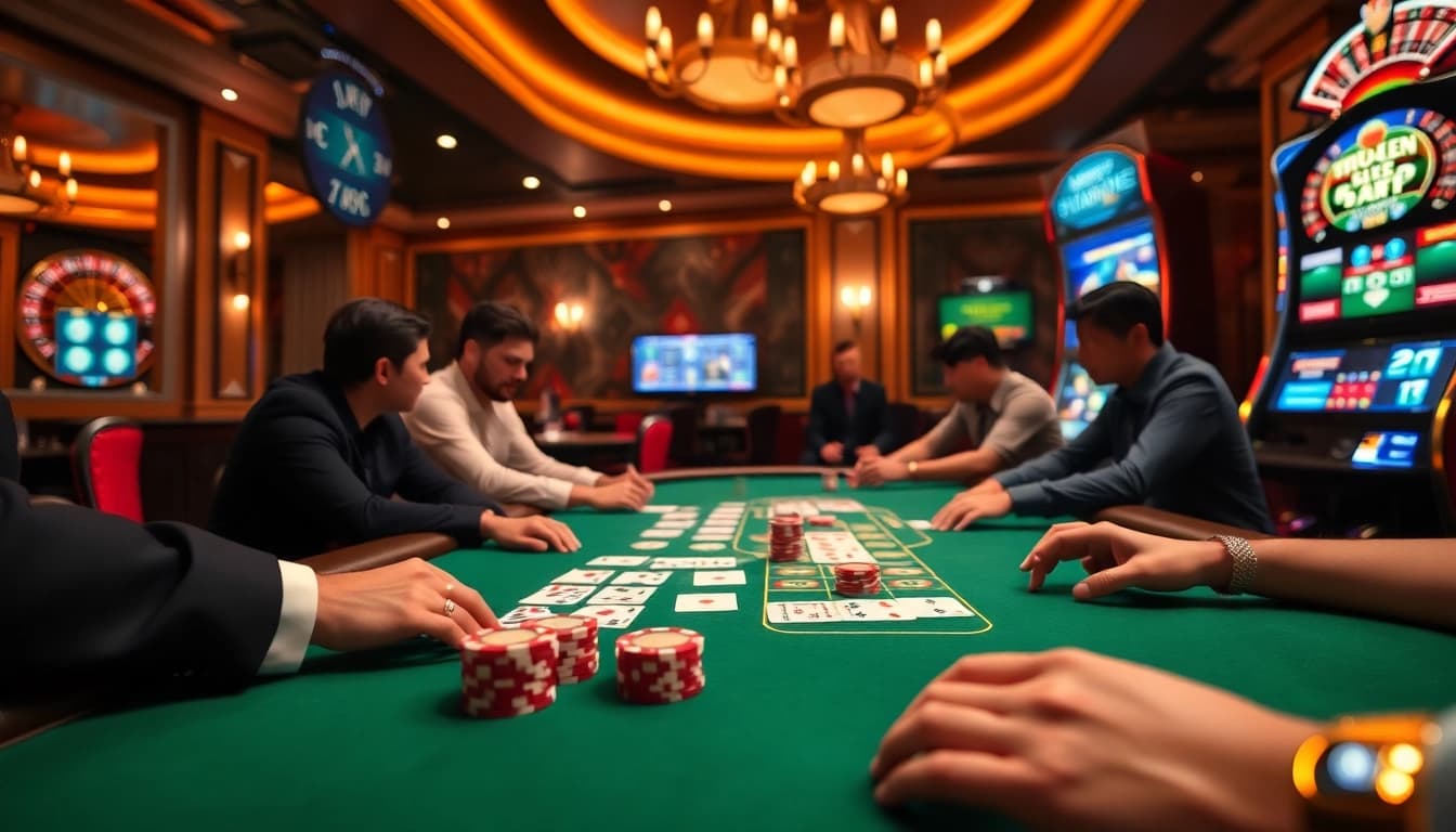 Experience NEU88's lavish gaming environment at a high-stakes table with poker chips and cards.
