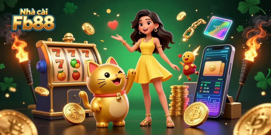Engage in gaming thrills at Nhà cái Fb88 with a lucky cat, golden coins, and vibrant slots.