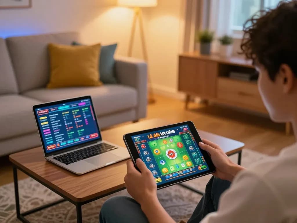 Lô Đề Uy Tín online gaming setup with a player engaged on tablet, cozy home atmosphere.