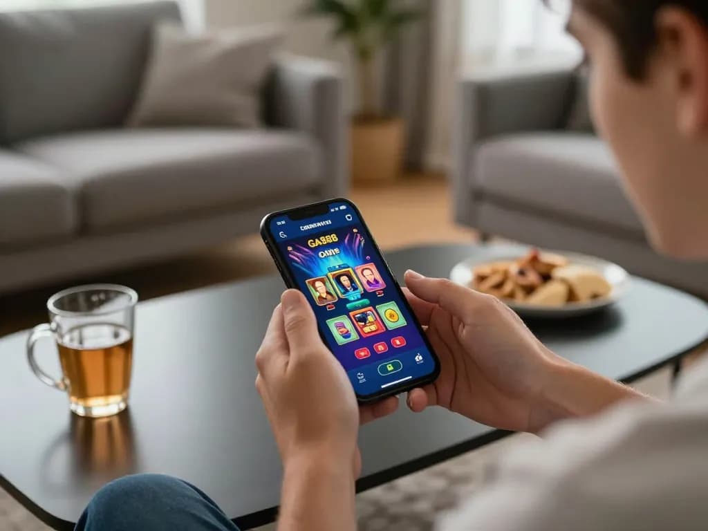 GA888 player enjoying mobile casino gaming on smartphone during a cozy home session.