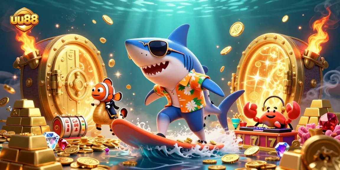 Experience thrilling winnings at uu88 with a dynamic casino scene featuring a shark and sparkling treasures.