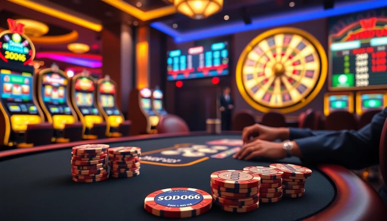 SODO66 poker chips on an elegant casino table amidst a vibrant gaming atmosphere.