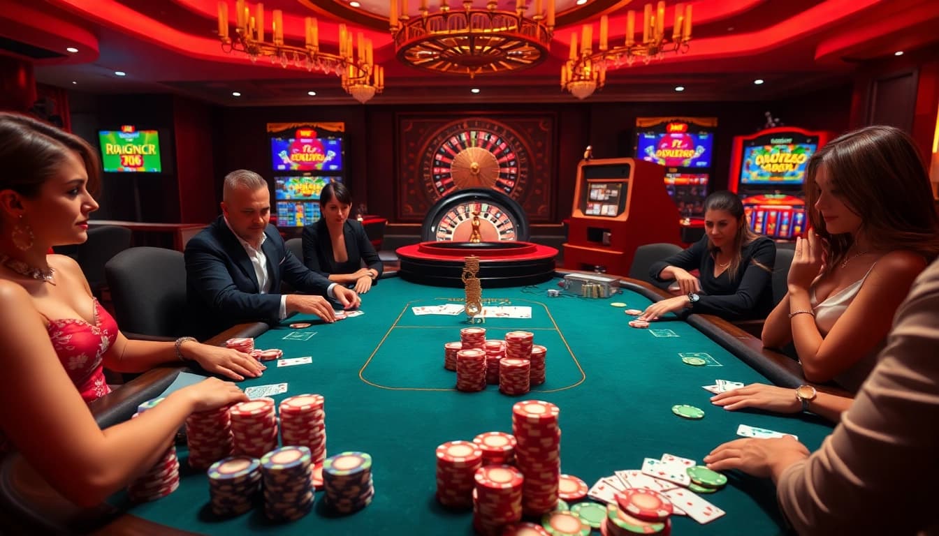 Excited gamblers engaging at an open88 poker table in a vibrant casino setting.