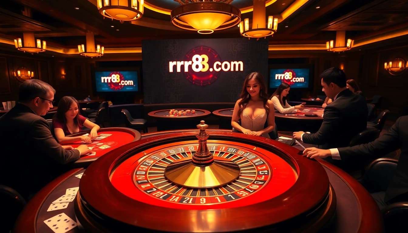 Exciting casino ambiance at rr88.com showcasing roulette, poker players, and professional dealers.