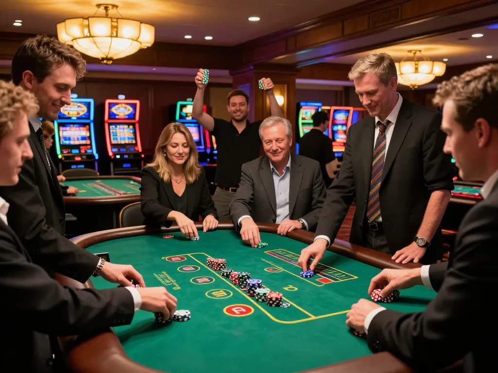 Players engaging in thrilling blackjack gameplay at 7mcn casino floor with vibrant atmosphere.