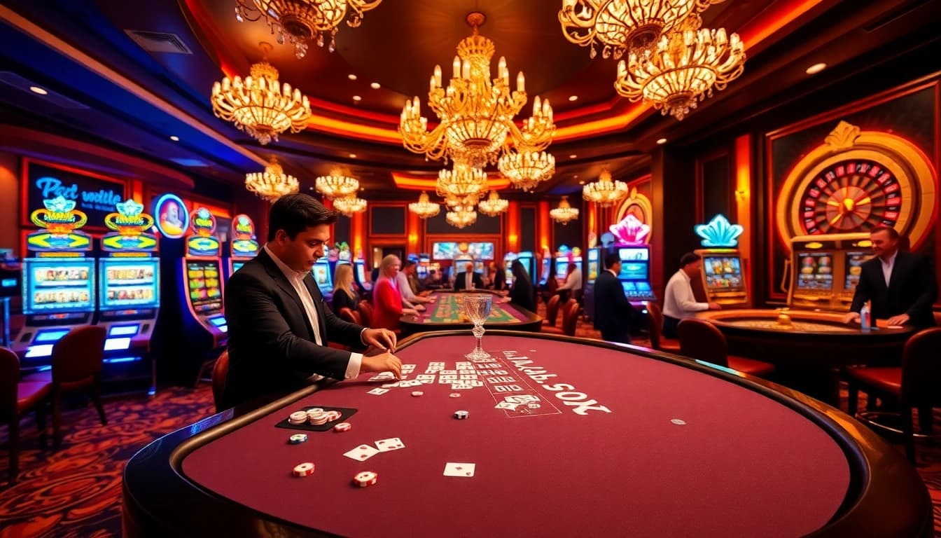 Exciting casino scene featuring a 99ok gaming table with players and professional dealer.