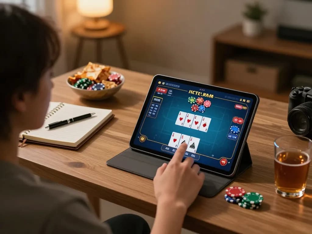 Player engaged in an online poker game on f8betz tablet in a cozy home office setting.