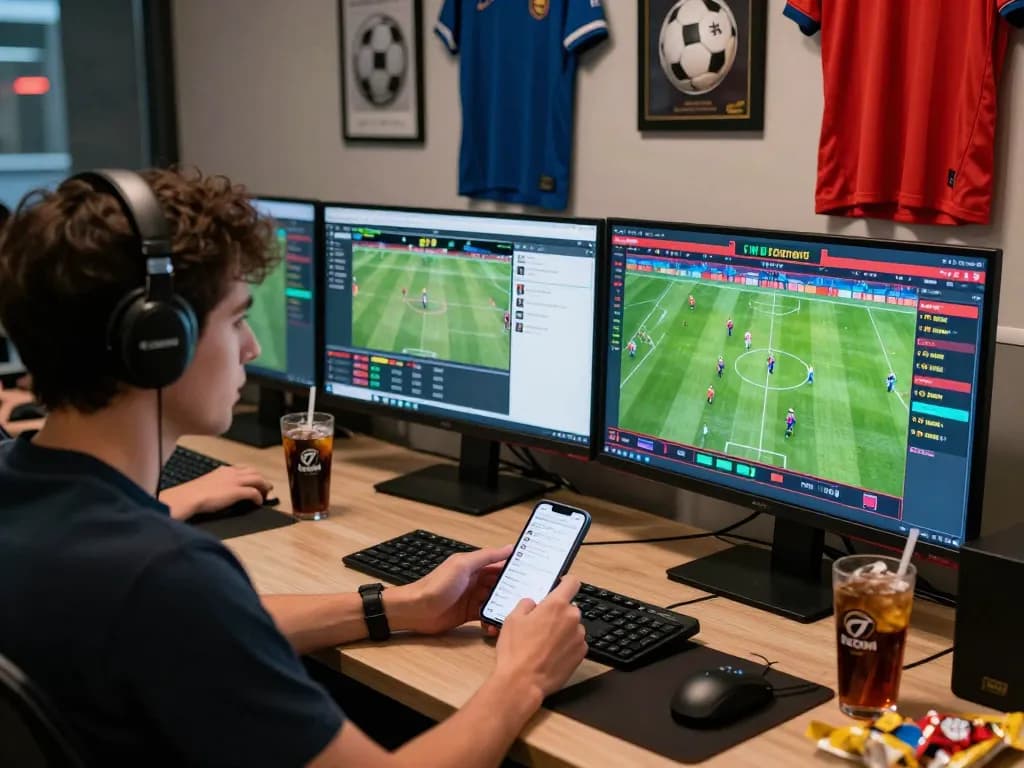 Exciting betting environment with 1gom's live football odds and scores on multiple screens.