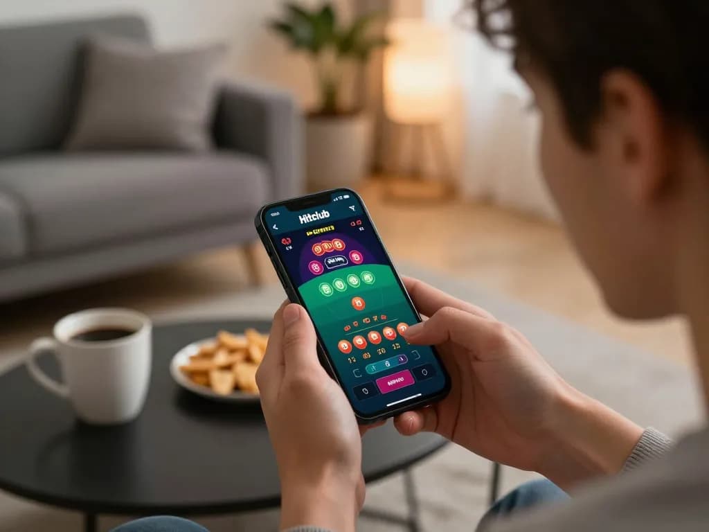 Hitclub app gaming session with a player deeply engaged in blackjack on a smartphone.