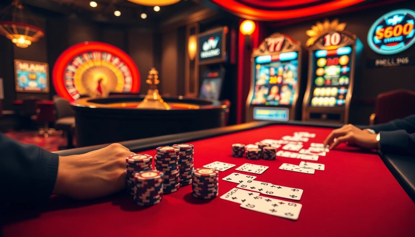 Engaging poker players strategizing at a luxurious casino, enhancing the thrill of https://kjc.football/ betting.