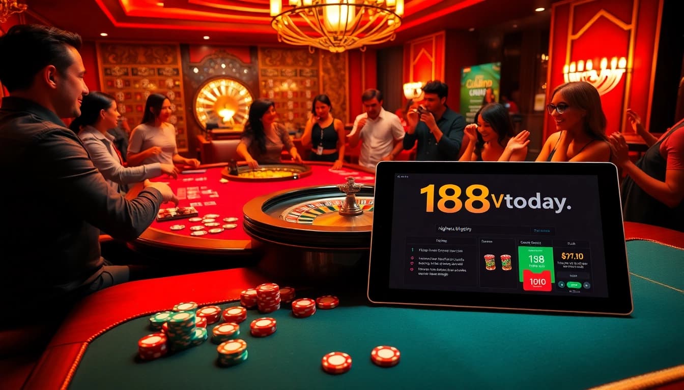 Exciting gambling atmosphere at https://188v.today/ with enthusiastic players at a casino table.