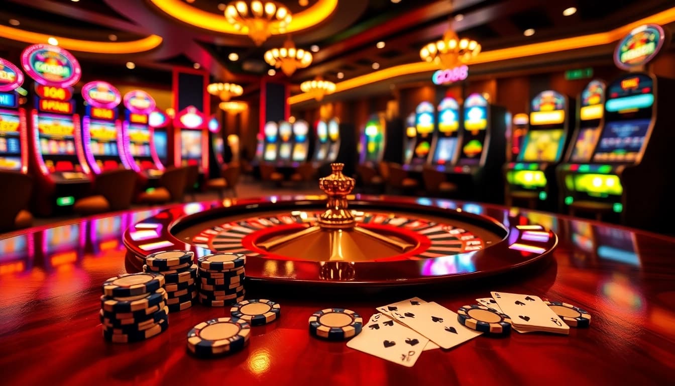 Go88 casino scene showcasing roulette and slot machines with vibrant lighting.