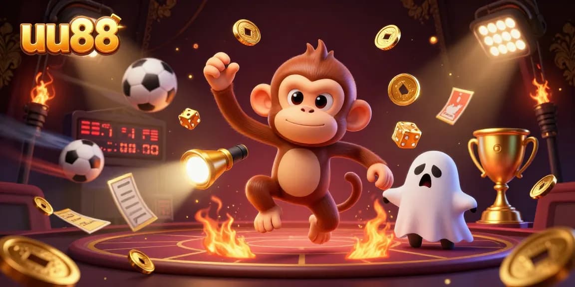 uu88's exciting illustration showcasing a mischievous ghost monkey and a curious ghost-hunter puppy in a dynamic casino scene