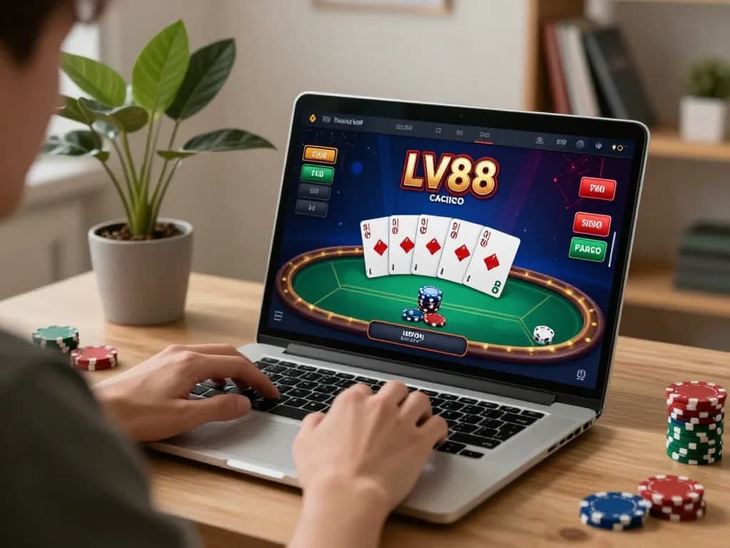 Player engaging in LV88 online casino gaming on laptop, showing poker cards and chips in a cozy home office.