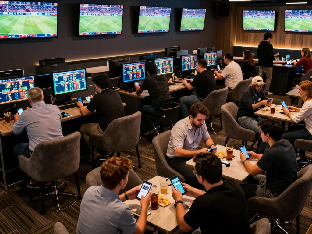 Engaged sports bettors on va88 using smartphones in a lively lounge atmosphere, showcasing excitement and strategy.