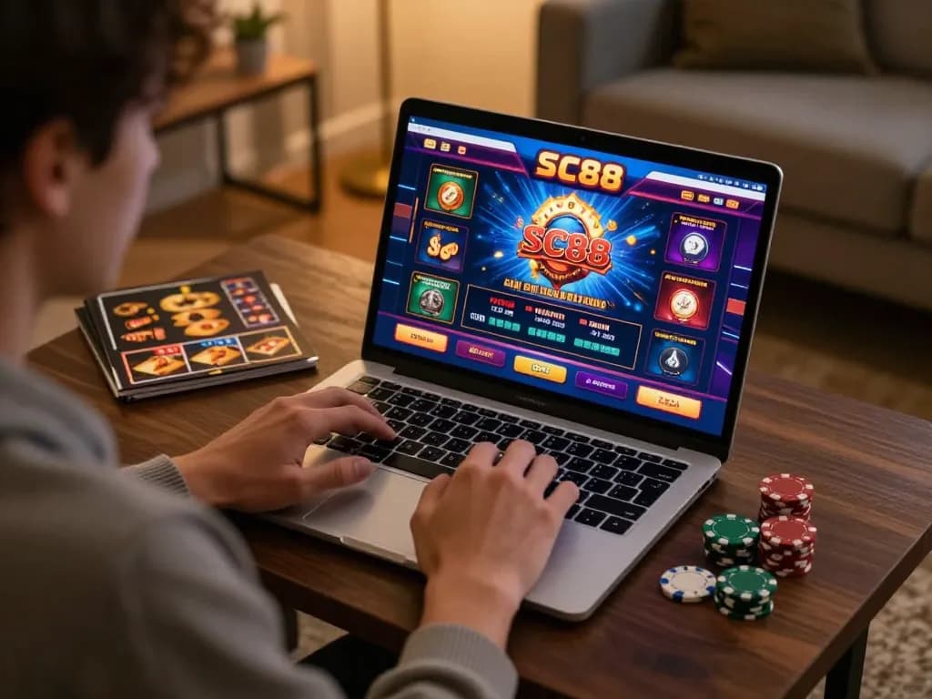 Engaged online player exploring games at https://sc88.casino/ on a laptop, showcasing immersive casino experience.