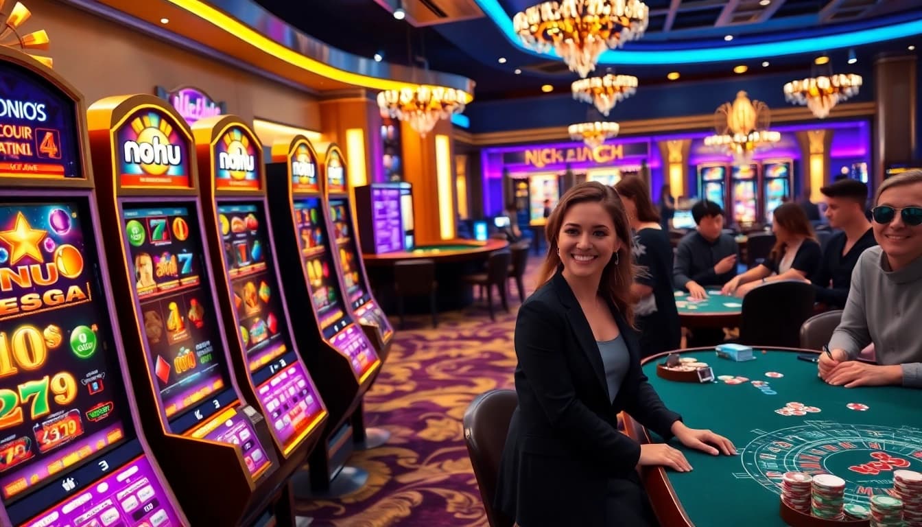 Nohu slot machines glimmer amid a luxurious casino atmosphere, inviting players to win big.