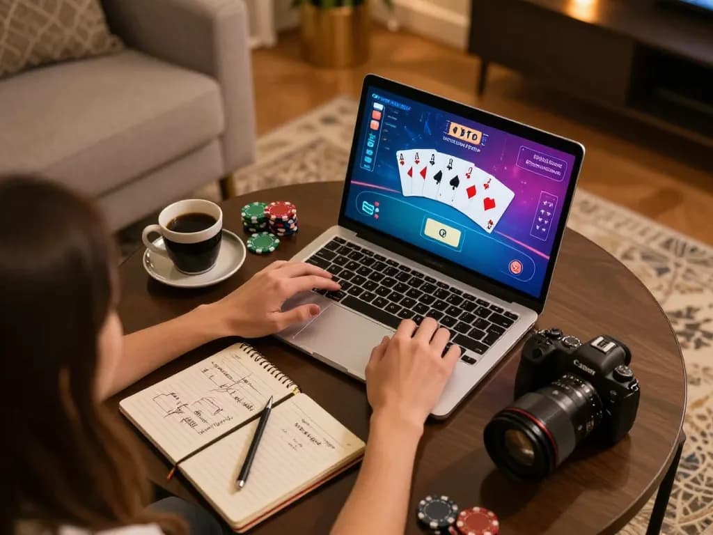 UU88 player strategizing poker with laptop while enjoying a cozy home setup