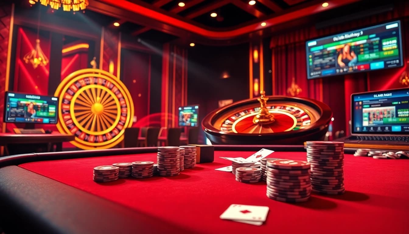 Engaging gambling scene showcasing 'nhà cái kjc' with poker chips and roulette wheel.