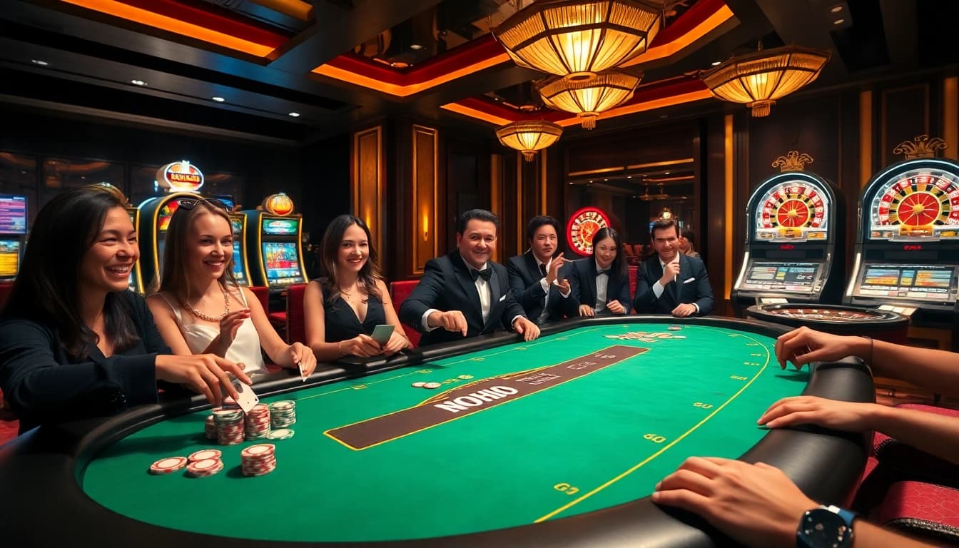 Nohu90 casino players engaging at a luxurious gaming table, enhancing their experience with thrilling slot machines.