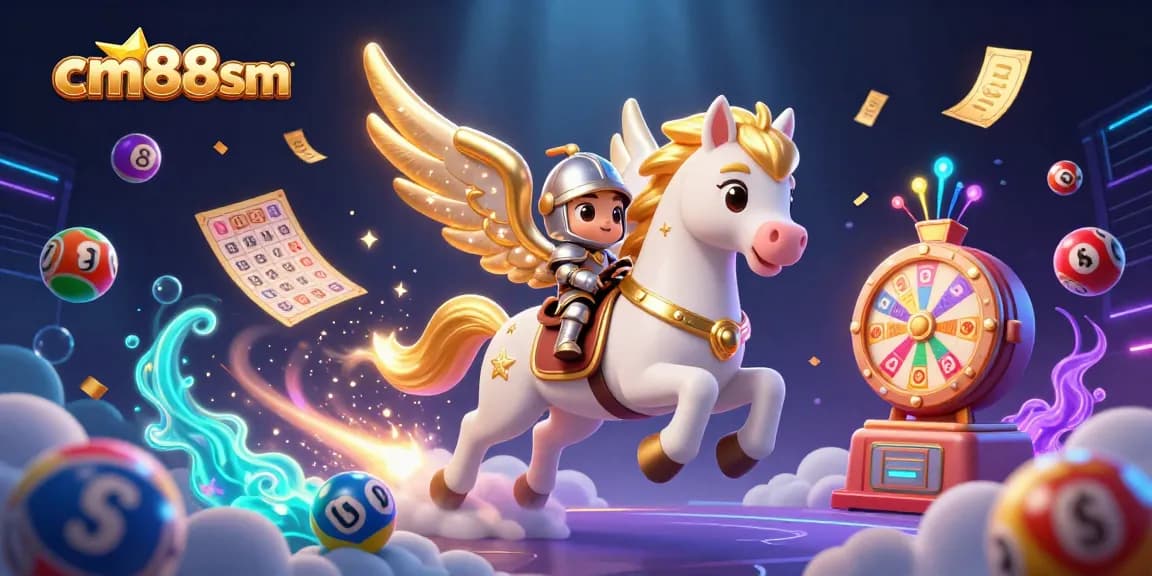 Engage with cm88sm’s vibrant lottery game environment featuring lively game elements and a celestial knight.