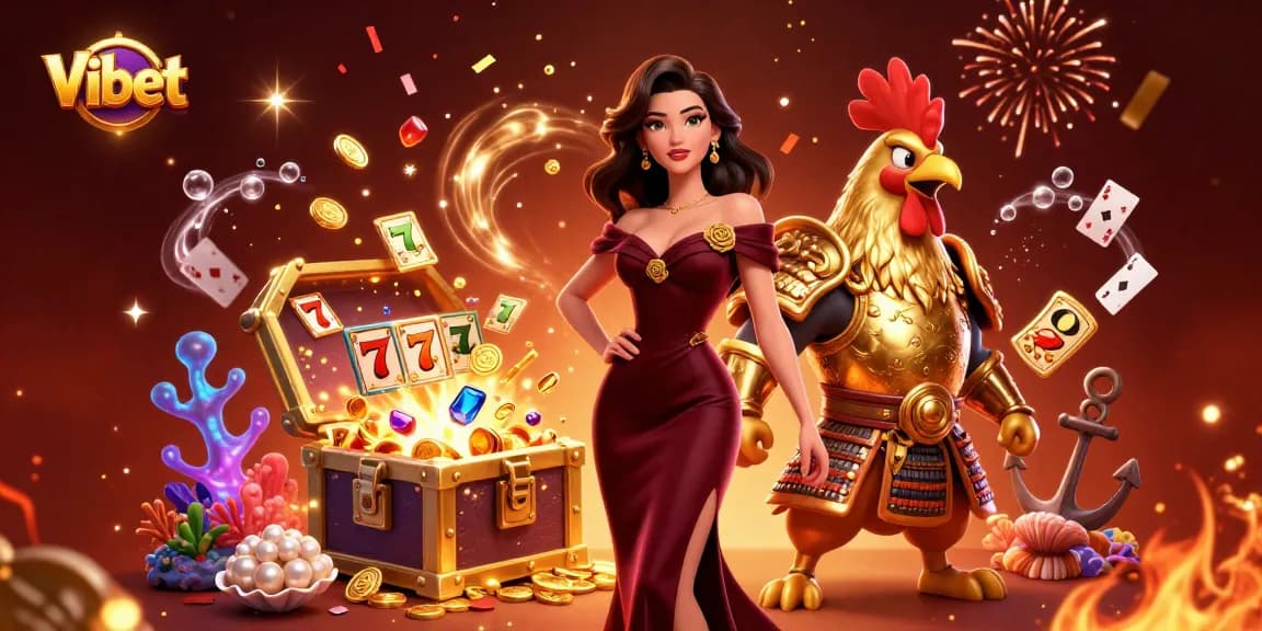 Enhance your gaming experience with Vibet's exciting slot games in a vibrant 3D illustration.