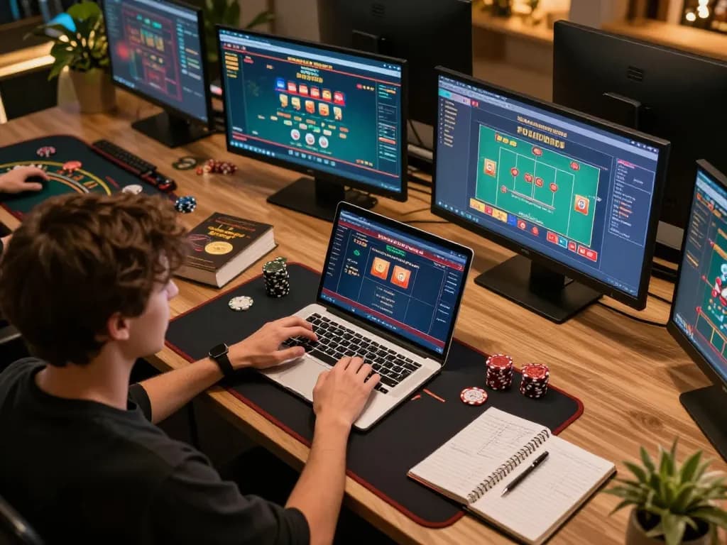 Player strategizing in online poker and casino games at the gaming setup, showcasing tr88seo