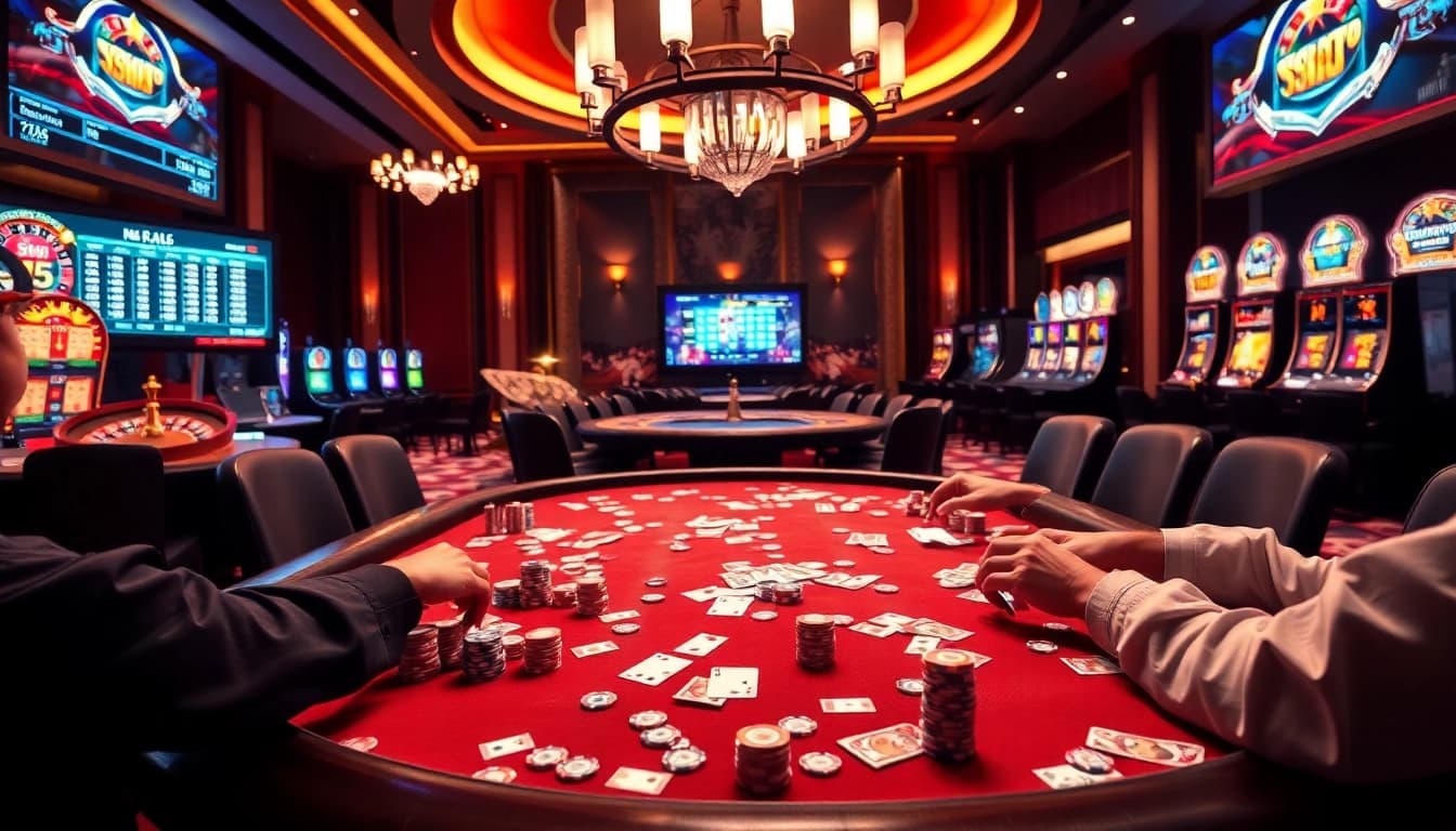 Engaging scene of kèo nhà cái gambling with vibrant casino tables and intense action.