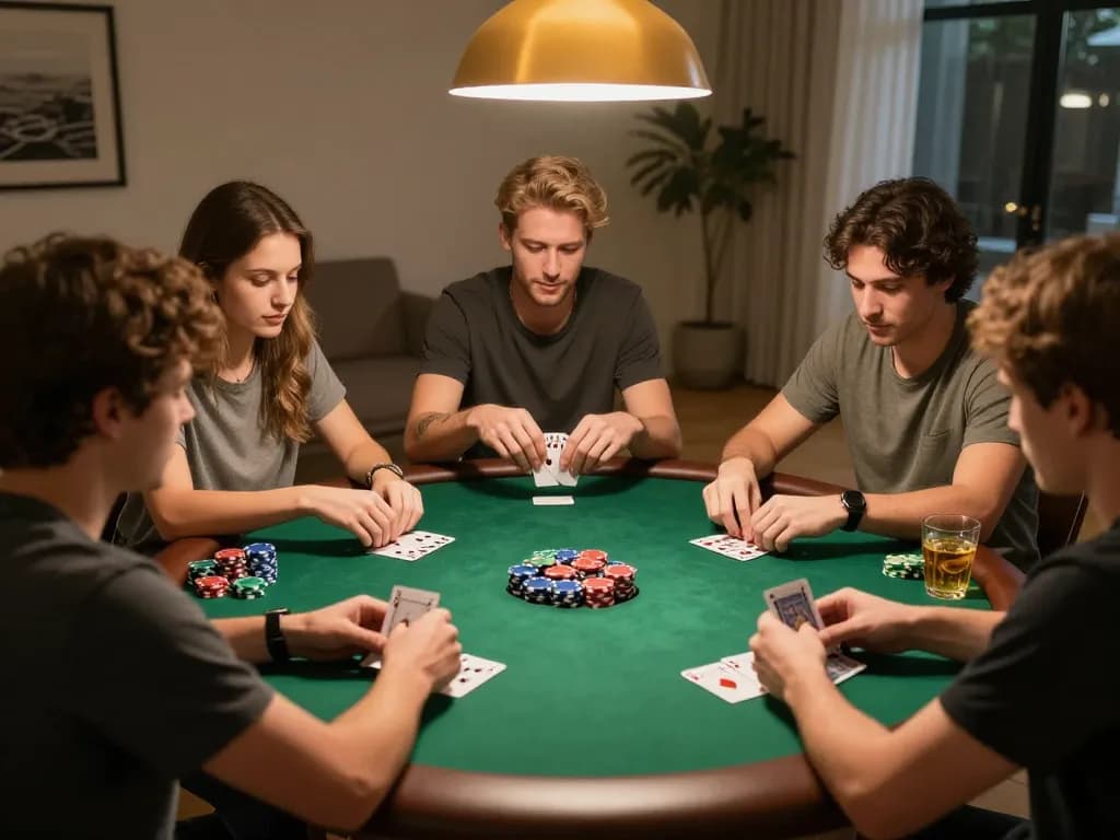 nk88 players strategizing during a friendly poker night, highlighting camaraderie and competition.