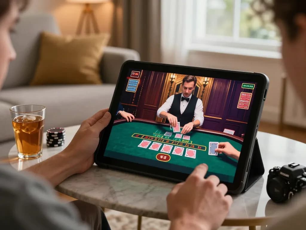 Player engaging in live blackjack on tablet at home, showcasing the excitement of ta888 online gaming.