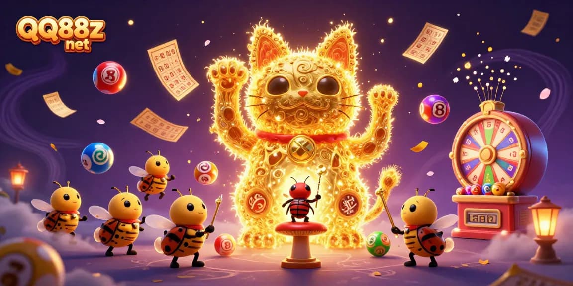 Win big with QQ88z net, represented by a giant lucky cat formed by golden fireflies in a vibrant casino scene.