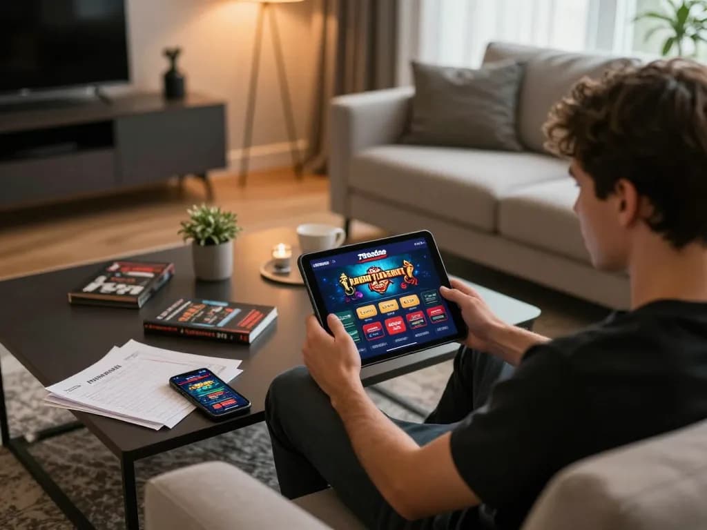 Engaging in online gameplay on 79sodoe casino app with tablet on modern sofa